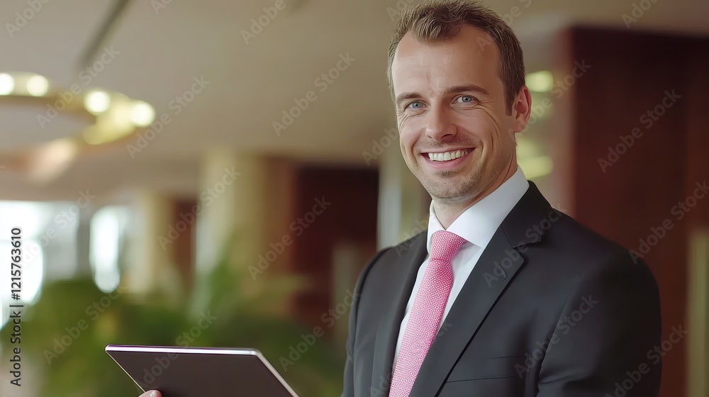 Fototapeta premium Smiling businessman holding tablet in hotel lobby