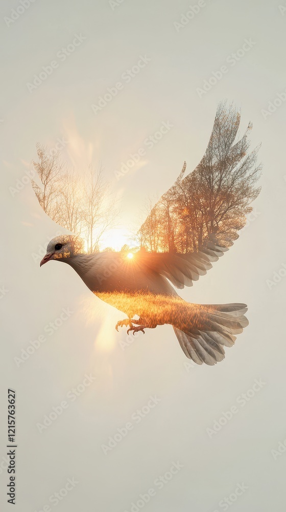 Obraz premium Sunrise Dove: A Serene Flight Through Nature's Embrace