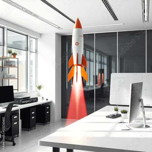 Abstract futuristic rocket, launching upward from a clean, modern workspace in an accelerator program photo