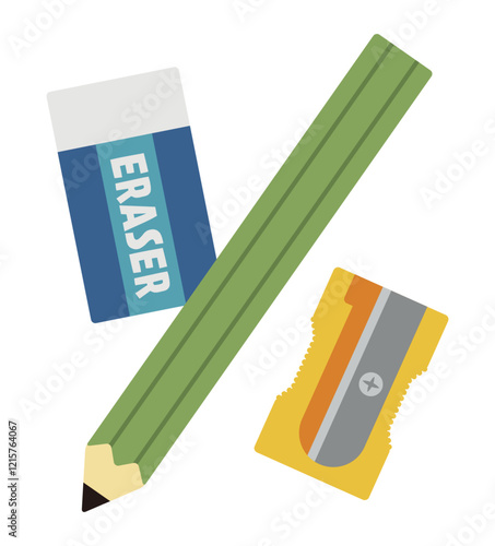 文房具セット／鉛筆・消しゴム・鉛筆削り／ベクターイラスト