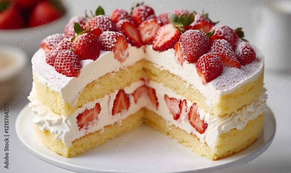 Whipped cream and fresh strawberries. Each piece of cake has the perfect combination of cream and strawberries, Generative AI Whipped cream and fresh strawberries. Each piece of cake has the perfect combination of cream and strawberries, Generative AI