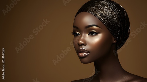 Captivating Afro centric Beauty Portrait of Radiant Dark Skinned Woman in Glowing Makeup and Studio Lighting photo