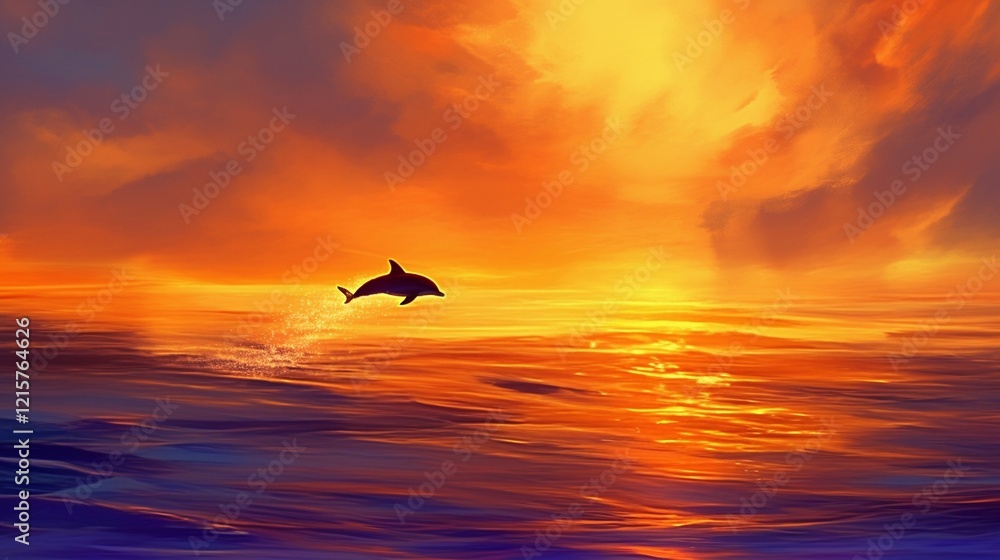 Fototapeta premium 夕日の海とイルカの黒いシルエット14