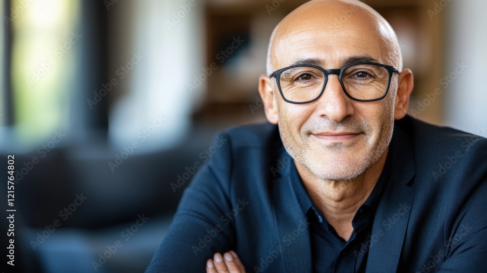 Obraz premium Confident Bald Man Wearing Glasses Smiles Kindly