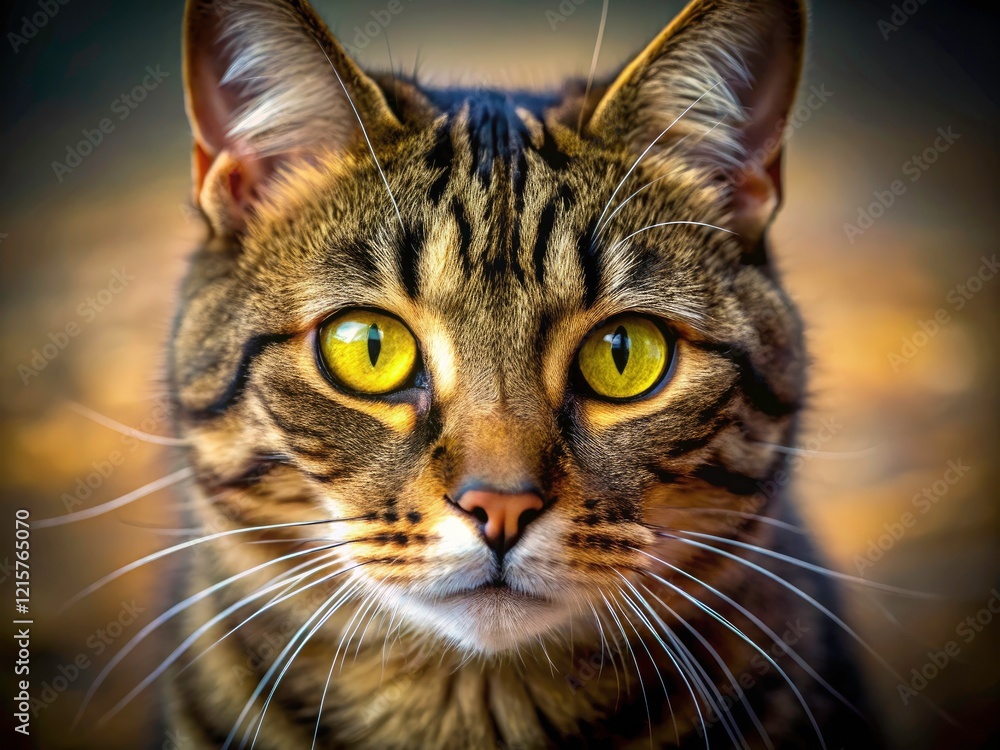 Fototapeta premium Playful Tabby Cat Close-Up Portrait, Vibrant Yellow Eyes, Fashion Photography