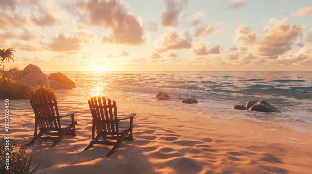Two wooden chairs sit on a sandy beach at sunset. Perfect for travel, vacation, or relaxation themes. Two wooden chairs sit on a sandy beach at sunset. Perfect for travel, vacation, or relaxation themes.