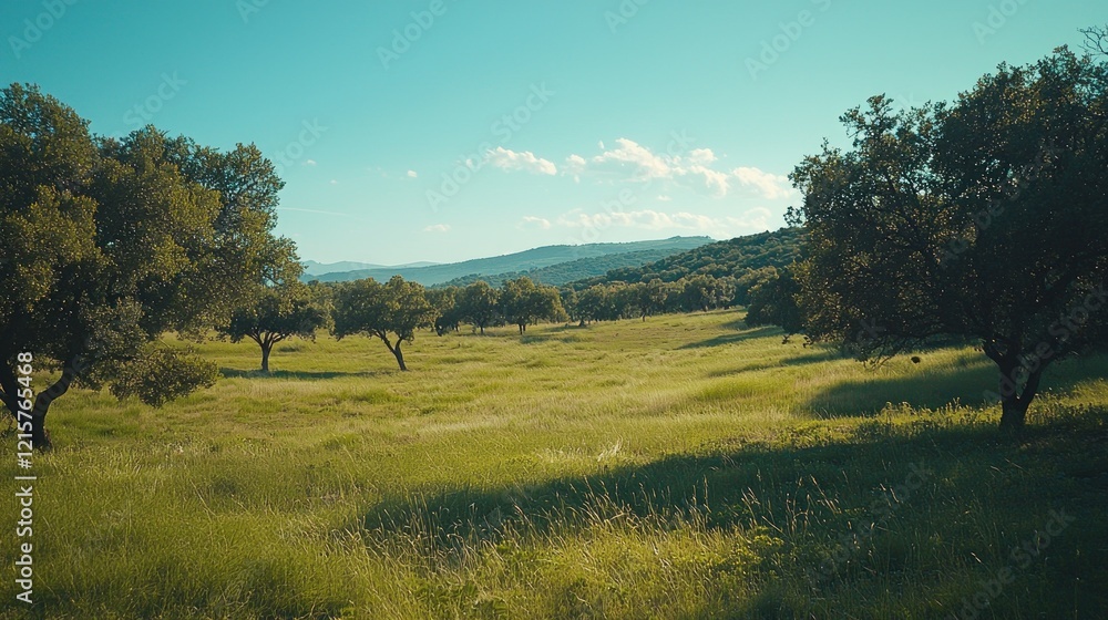 Fototapeta premium Serene Landscape: Rolling Hills, Lush Meadow, and Ancient Oaks Under a Summer Sky