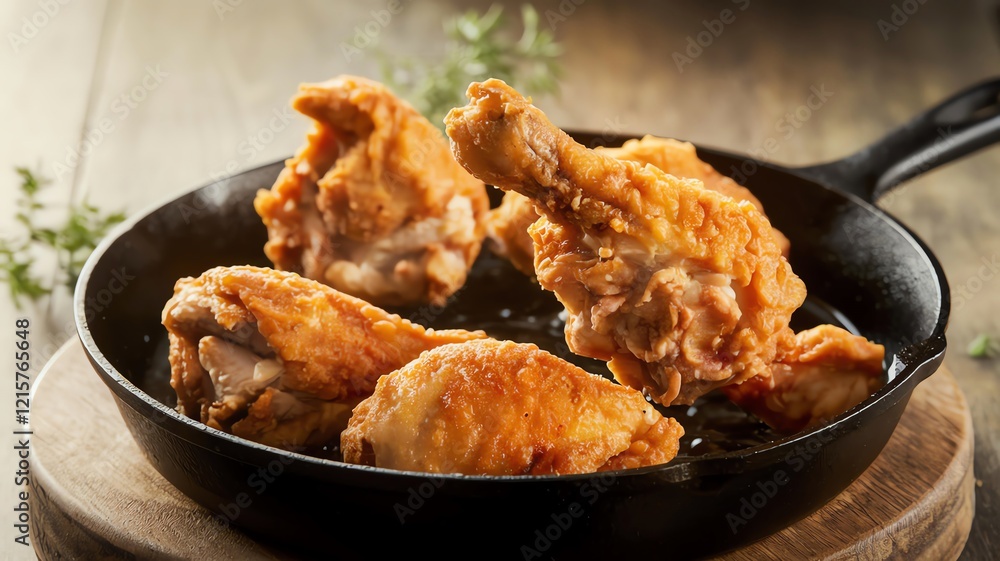 A sizzling skillet filled with crispy golden fried chicken pieces, garnished with herbs and ready to serve A sizzling skillet filled with crispy golden fried chicken pieces, garnished with herbs and ready to serve