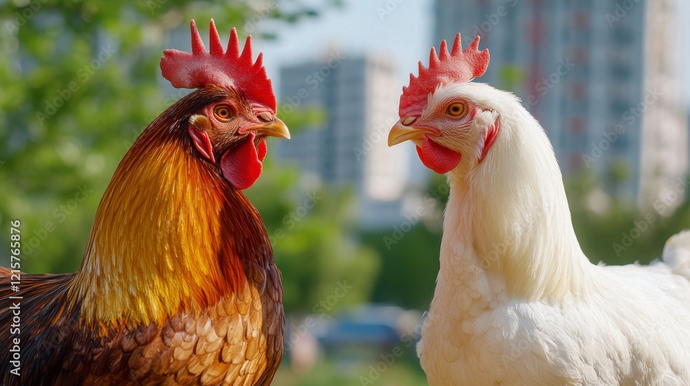 Fototapeta premium Two vibrant chickens facing each other in a lush urban park with buildings in the background