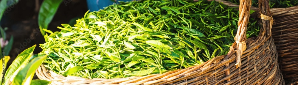 Fresh green tea leaves in a wicker basket, outdoor harvest Fresh green tea leaves in a wicker basket, outdoor harvest