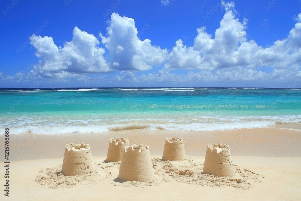 Tropical beach sandcastles, sunny sky, ocean waves. Perfect for travel brochures Tropical beach sandcastles, sunny sky, ocean waves. Perfect for travel brochures