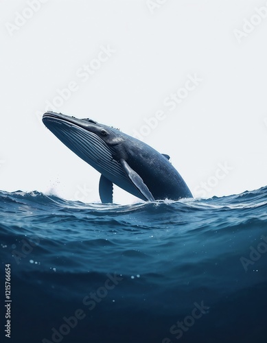 Majestic whale breaching the ocean surface, showcasing its massive body against a clear sky and deep blue sea. photo