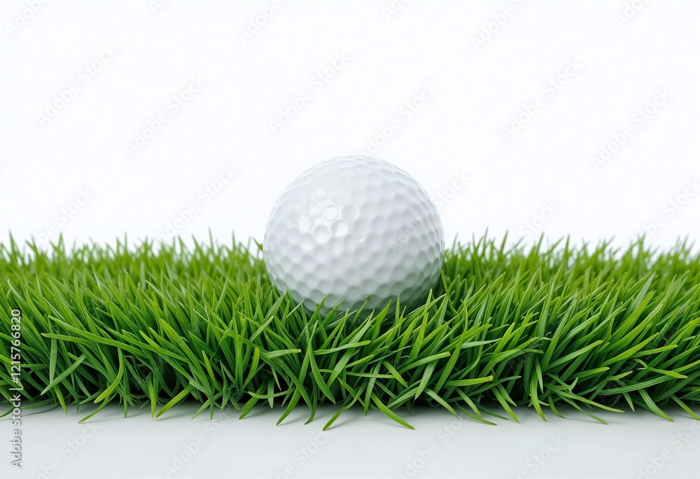 Close-up of a golf ball resting on vibrant green grass against a plain white background, highlighting details and texture. Close-up of a golf ball resting on vibrant green grass against a plain white background, highlighting details and texture.