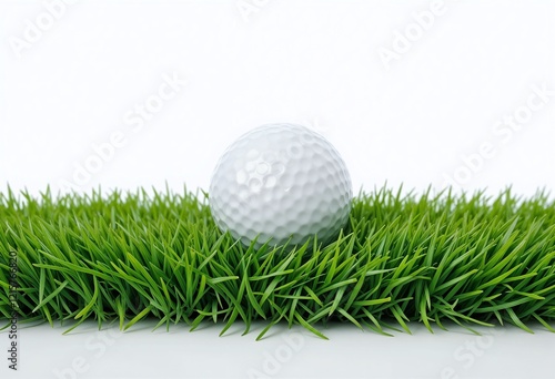 Close-up of a golf ball resting on vibrant green grass against a plain white background, highlighting details and texture. photo