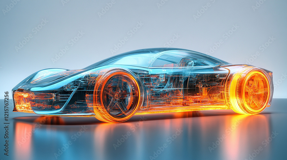 A dynamic 3D digital model of a modern hydrogen car with semi-transparent elements showcasing its internal design against a minimalistic bright white background with an empty caption space on the side A dynamic 3D digital model of a modern hydrogen car with semi-transparent elements showcasing its internal design against a minimalistic bright white background with an empty caption space on the side