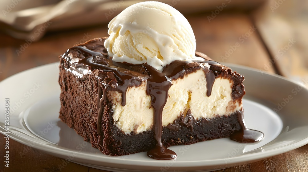 A decadent slice of chocolate brownie with a gooey center, topped with a scoop of vanilla ice cream and a drizzle of chocolate sauce, Generative AI A decadent slice of chocolate brownie with a gooey center, topped with a scoop of vanilla ice cream and a drizzle of chocolate sauce, Generative AI