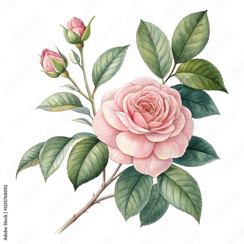 Fototapeta premium delicate pink rose with lush green leaves, beautifully illustrated on a white background.