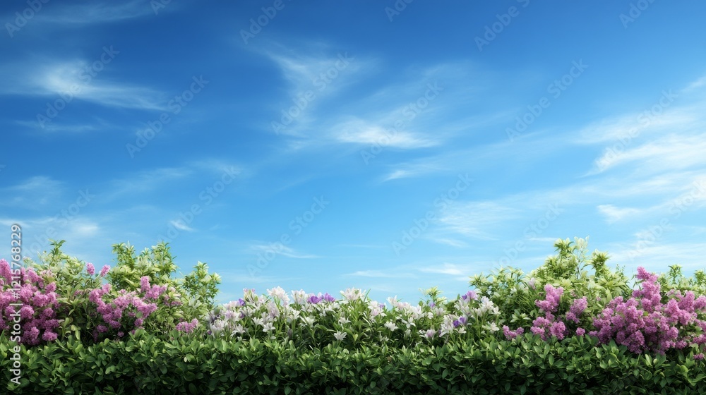 Blooming lilac hedge under a bright spring sky, perfect for springtime greetings or website banners Blooming lilac hedge under a bright spring sky, perfect for springtime greetings or website banners