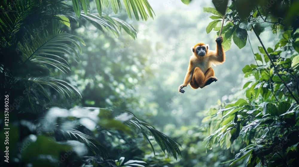 Obraz premium A Golden-Headed Langur Swings Through the Lush Rainforest Canopy