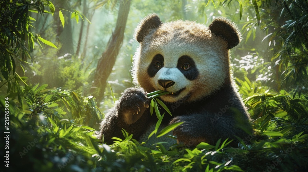 Obraz premium A serene scene of a panda peacefully enjoying bamboo in a lush green forest setting