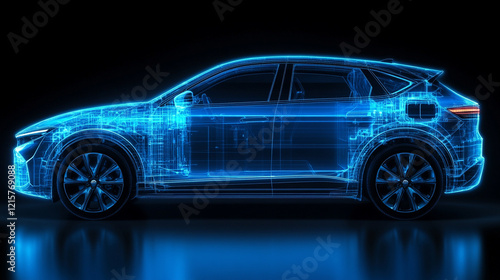 A dynamic 3D digital model of a modern hydrogen car with semi-transparent elements showcasing its internal design against a minimalistic bright white background with an empty caption space on the side