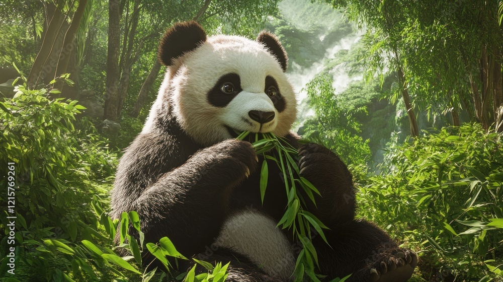 Obraz premium A giant panda peacefully consumes bamboo shoots surrounded by a lush forest environment