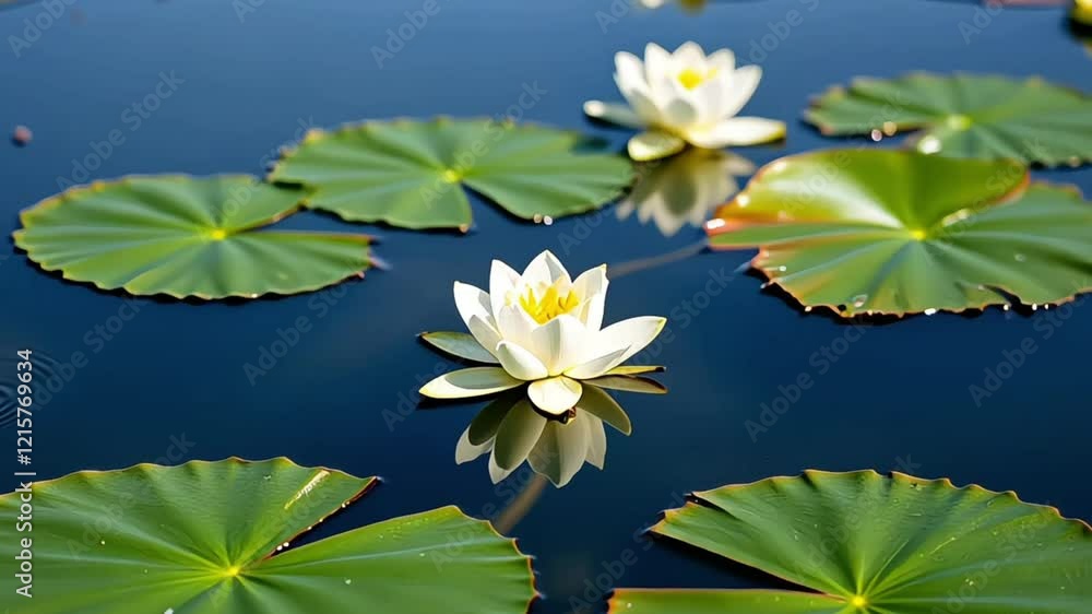 Tranquil pond with white water lilies and green lily pads, creating a serene and peaceful natural scene Tranquil pond with white water lilies and green lily pads, creating a serene and peaceful natural scene