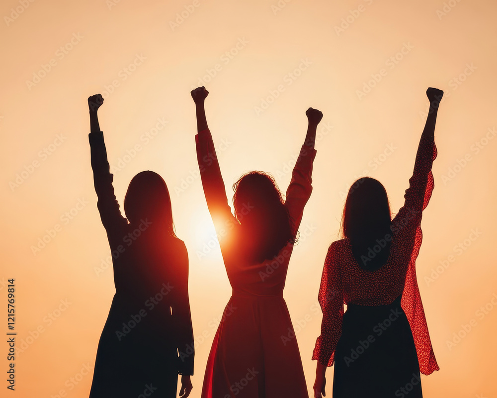 Empowered women raise their fists in solidarity against sunset backdrop, symbolizing strength and unity. Their silhouettes convey powerful message of resilience and hope Empowered women raise their fists in solidarity against sunset backdrop, symbolizing strength and unity. Their silhouettes convey powerful message of resilience and hope