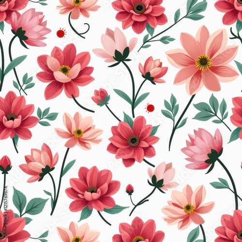 Wallpaper Mural Floral Seamless Pattern: Pink & Red Dahlias - Botanical illustrations Torontodigital.ca