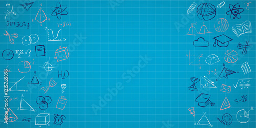 STEM education doodle frame on a technical blueprint background. A hand-drawn border of science and math icons with copy space. Vector template for an engineering or school project presentation.