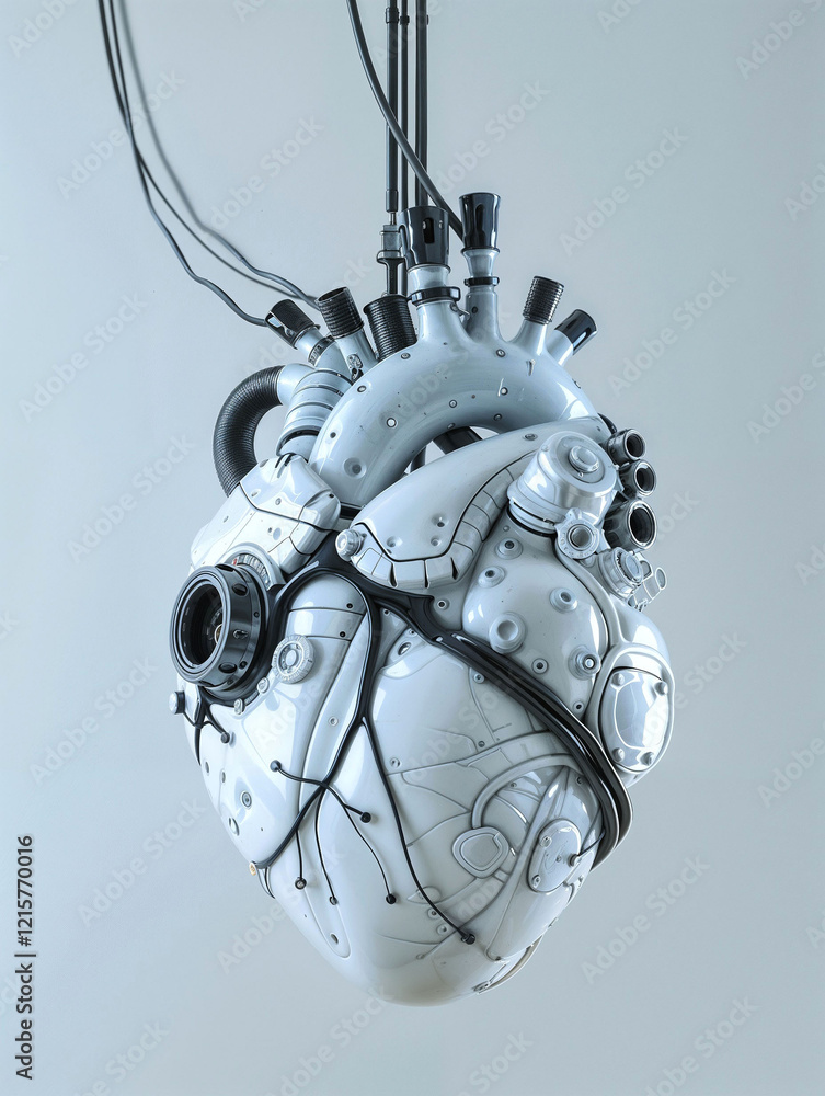 Futuristic mechanical heart model in pristine white color featuring intricate technological details, cables, and metallic components against minimalist light background Futuristic mechanical heart model in pristine white color featuring intricate technological details, cables, and metallic components against minimalist light background