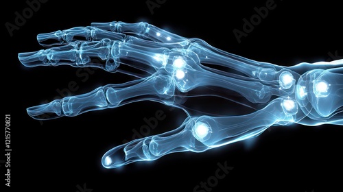 X-ray image of a human hand, showing bones, joints, and ligaments. photo