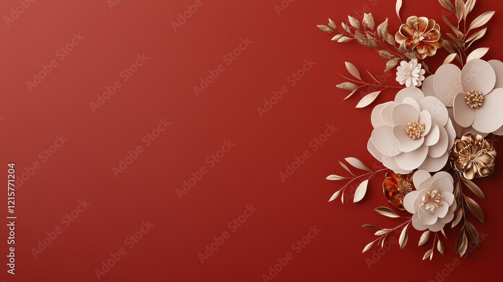 Obraz premium Elegant floral arrangement on red background with gold accents