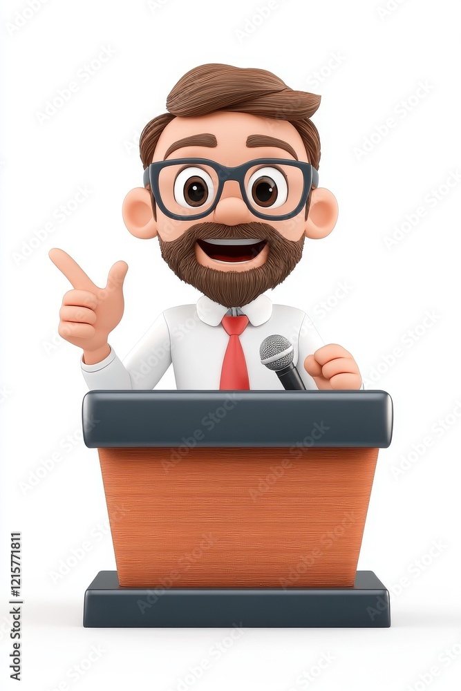 Cartoon Speaker at Podium with Microphone and Engaging Smile Cartoon Speaker at Podium with Microphone and Engaging Smile