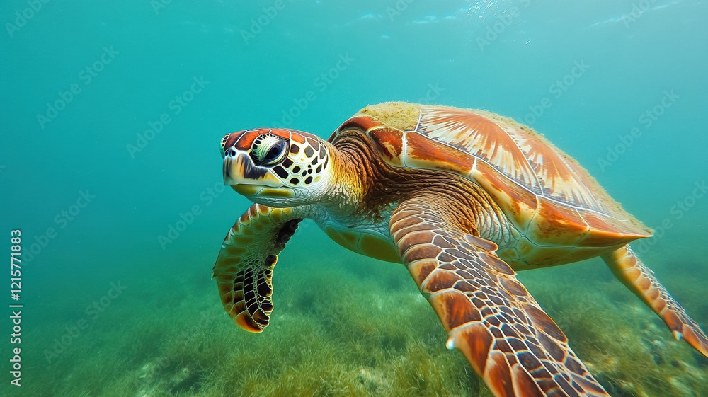 Obraz premium majestic sea turtle swimming near ocean floor