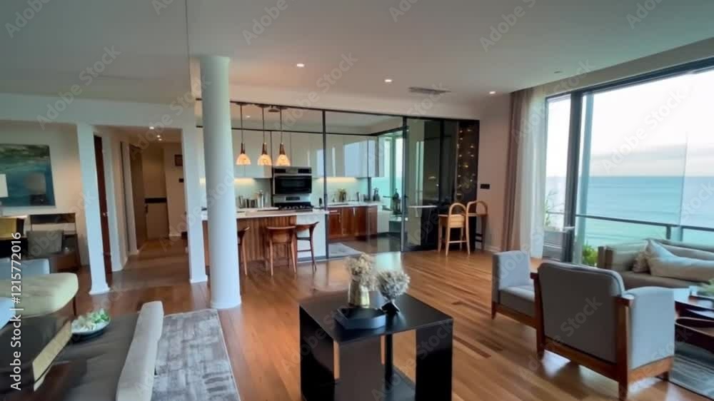 4K rendering of a modern coastal interior with living, dining, and kitchen areas, featuring wood accents and expensive furniture under the night sky. 4K rendering of a modern coastal interior with living, dining, and kitchen areas, featuring wood accents and expensive furniture under the night sky.