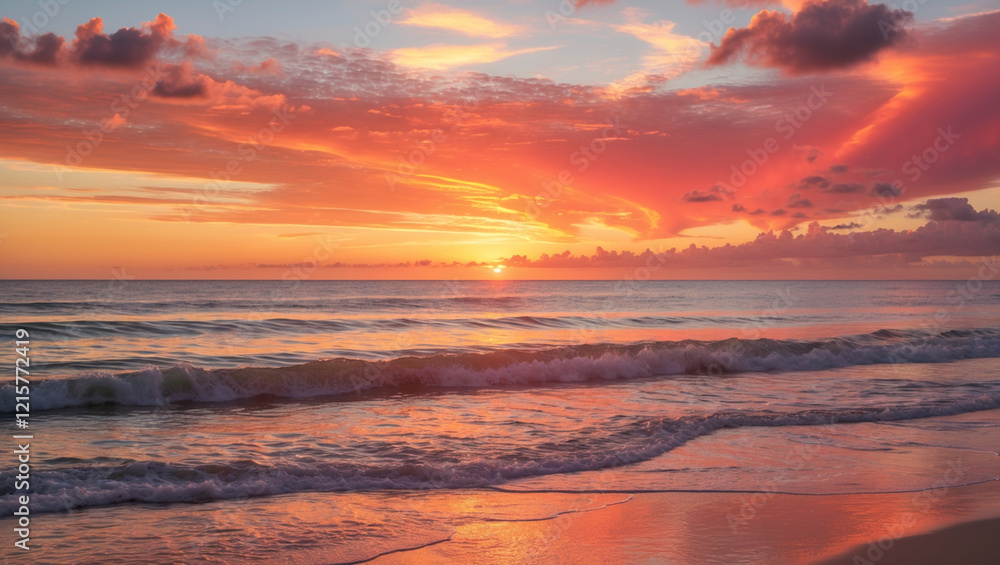 Fototapeta premium Vivid Sunset Over Ocean Waves and Sandy Shoreline with a Dramatic Sky