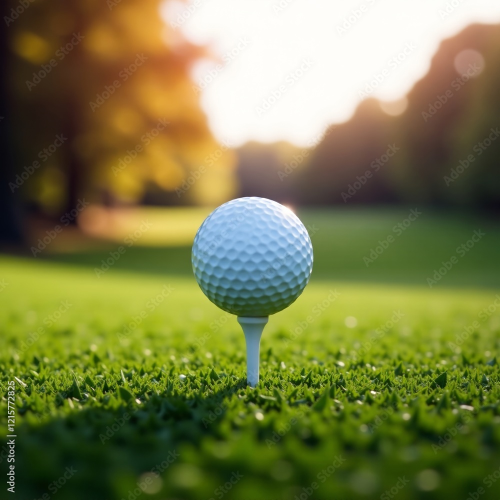 A close-up of a golf ball on a tee in a lush green landscape during sunset. A close-up of a golf ball on a tee in a lush green landscape during sunset.