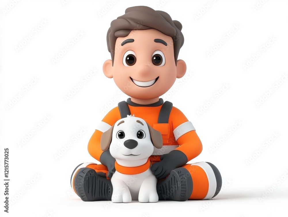 Cheerful Cartoon Boy in Orange Outfit Sitting with Cute Dog Cheerful Cartoon Boy in Orange Outfit Sitting with Cute Dog