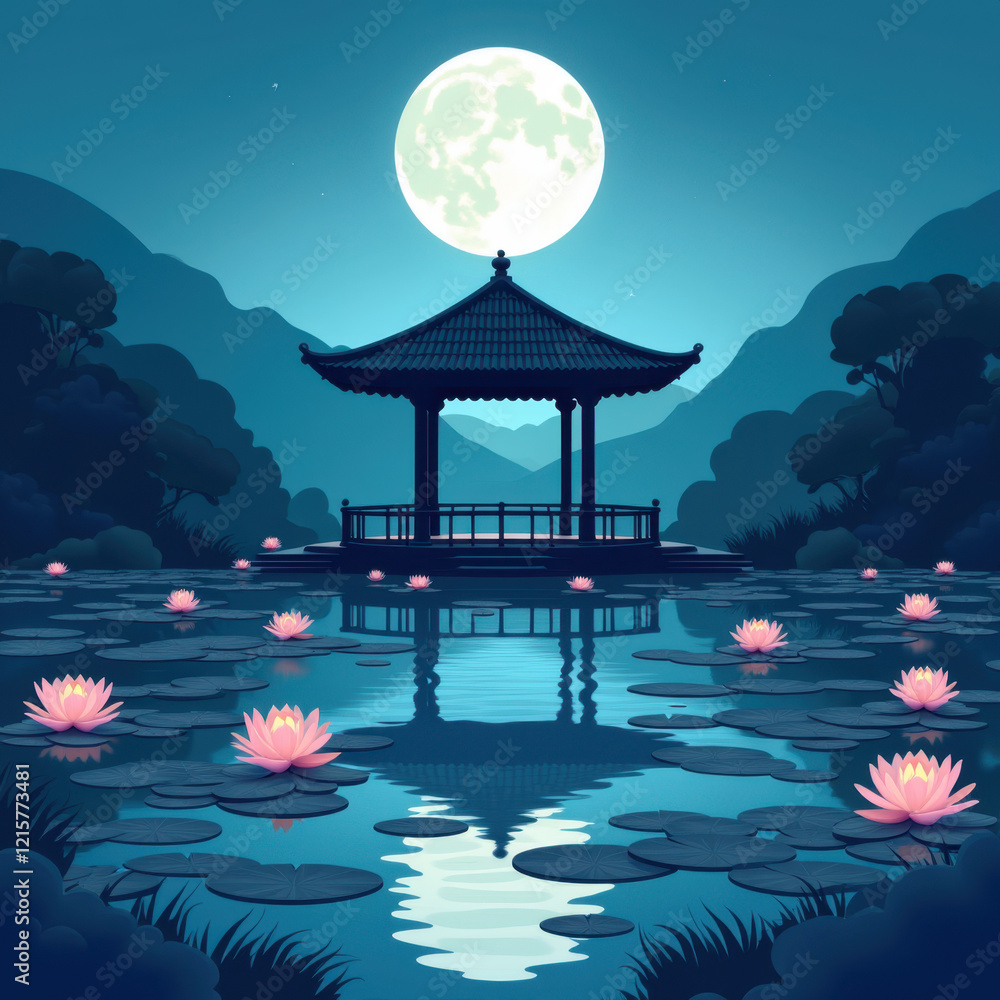 Naklejka premium Serene Moonlit Garden Pavilion & Lotus Pond - Dark moody backgrounds