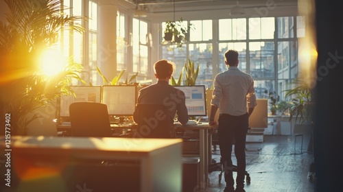 Sunlight Streams into Modern Office Workspace with Two Colleagues Working
