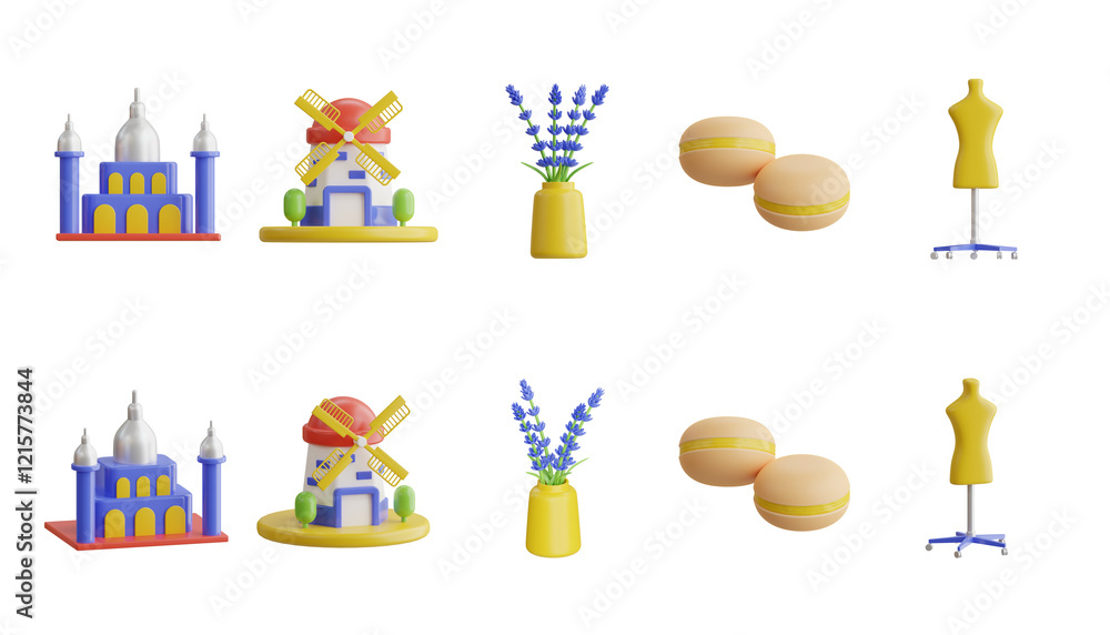 Obraz premium Taj Mahal, Windmill, Lavender Vase, Macarons, and Mannequin. 3D Icon High Quality Render