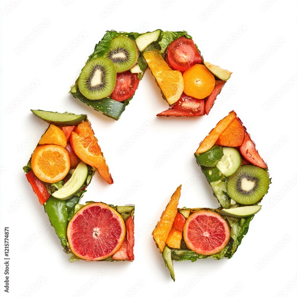 Naklejka premium a recycling symbol made of leftover fruit or vegetable food, on a white background.