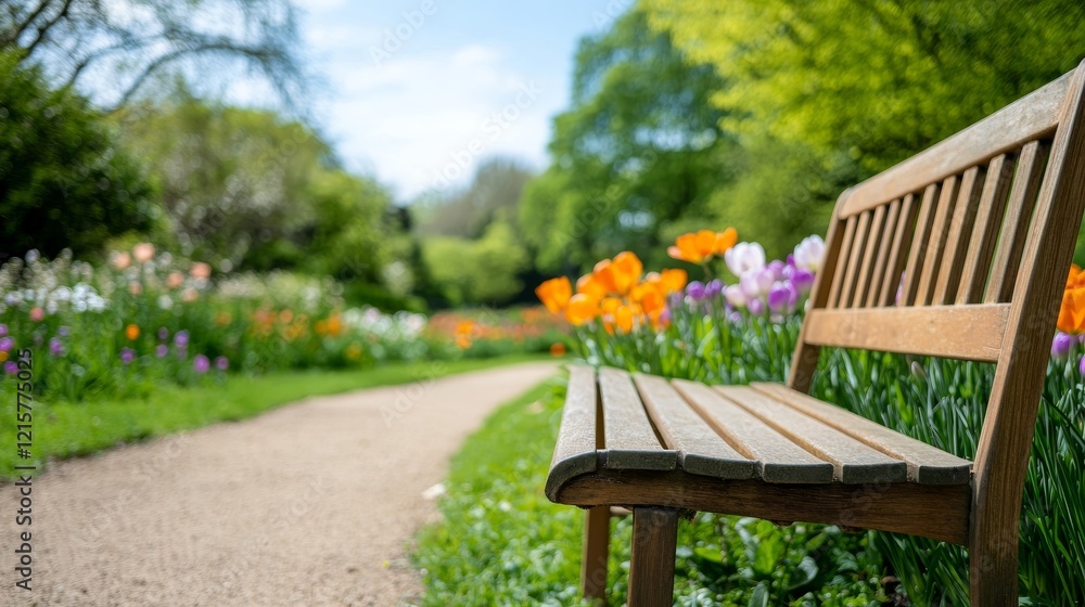 Fototapeta premium Wooden bench in tranquil spring garden path with blooming tulips, ideal for relaxation and peaceful contemplation