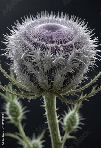 detailed silver thistle blossom with intricate veins, detail, garden photo