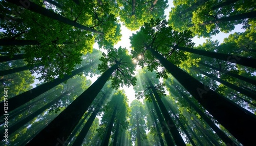 A stunning view of tall trees reaching toward the sky with sunlight filtering through leaves. photo