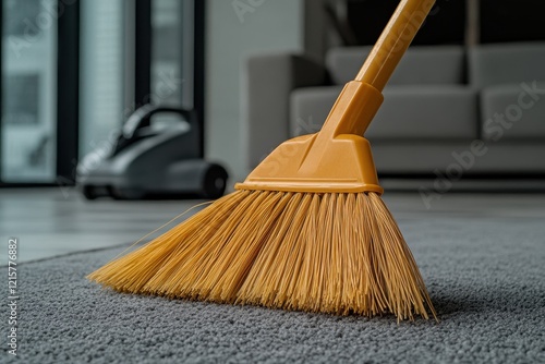 Close-Up of a Bright Yellow Broom Sweeping Dust Off a Soft Gray Carpet in a Modern Living Room with a Vacuum Cleaner in the Background photo