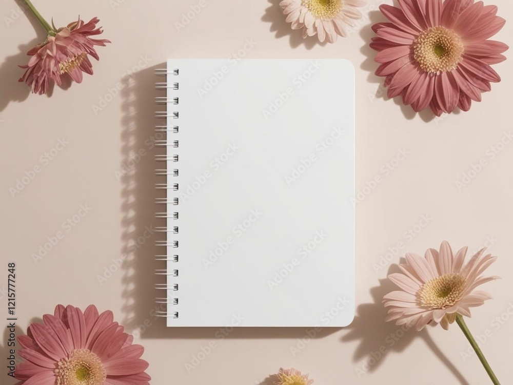 Blank white spiral notebook mockup on flower background. Blank white spiral notebook mockup on flower background.
