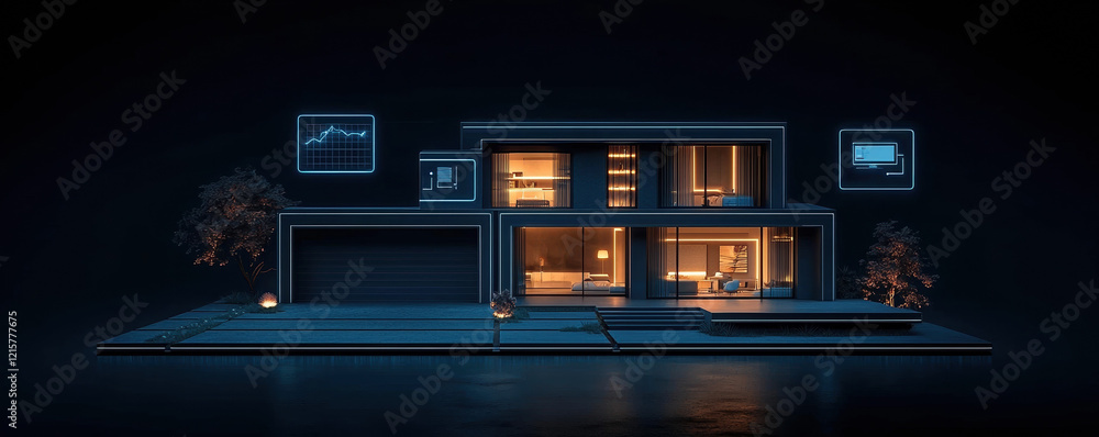 Modern luxury house with floating IoT icons in digital setting Modern luxury house with floating IoT icons in digital setting