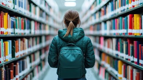 Wallpaper Mural Women’s History Month concept. Young Woman Browsing Bookshelves in a Cozy Academic Library Torontodigital.ca